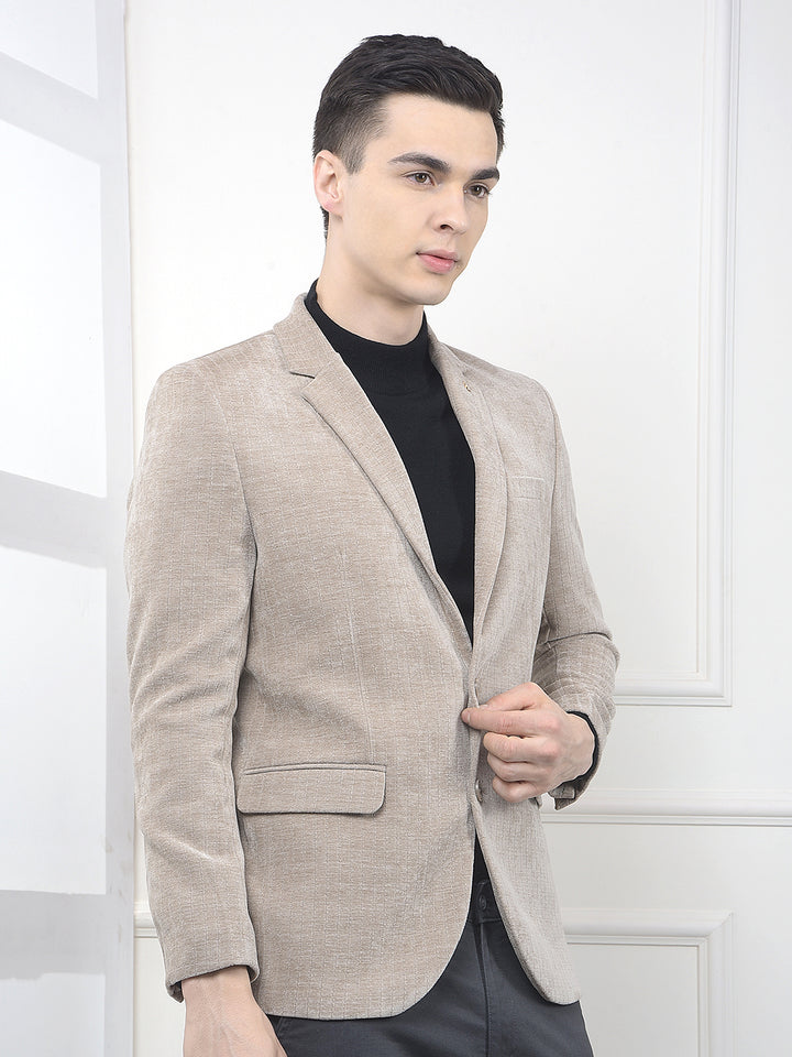 Beige Vertical Striped Notched Lapel Single Breasted Blazer