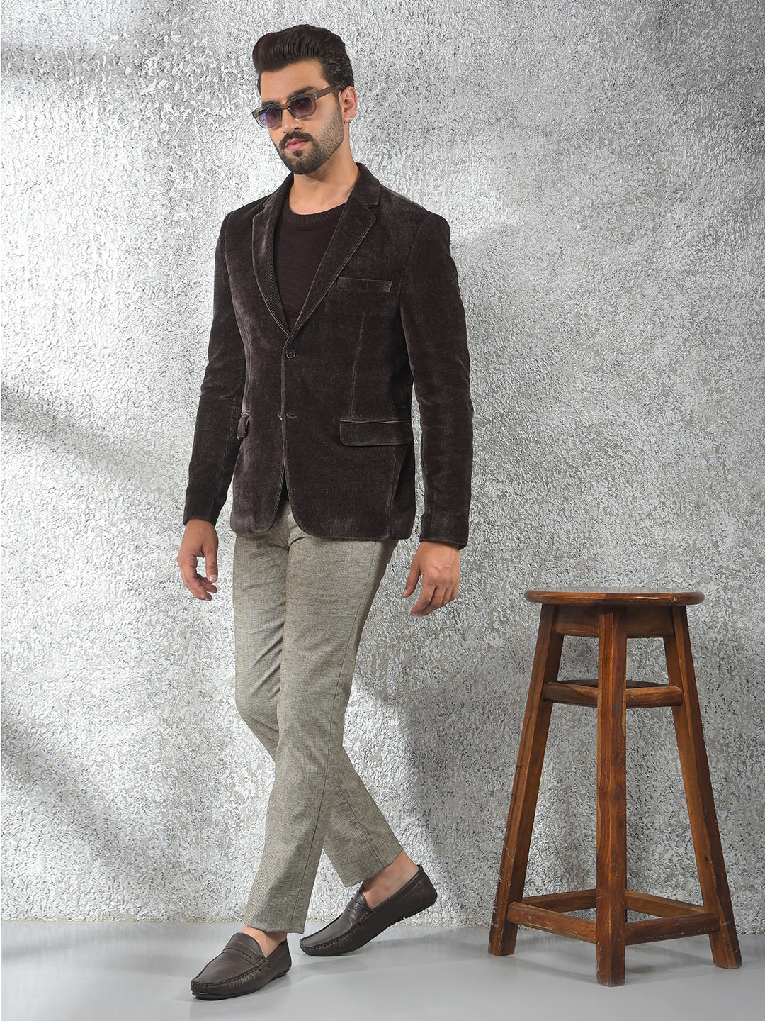 Wine Notched Lapel Knitted Single-Breasted Blazer