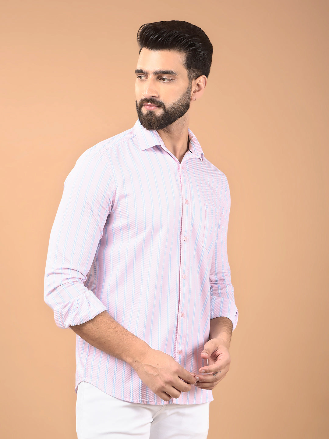Pink Vertical Stripes 100% Cotton Shirt-Men Shirts-Crimsoune Club