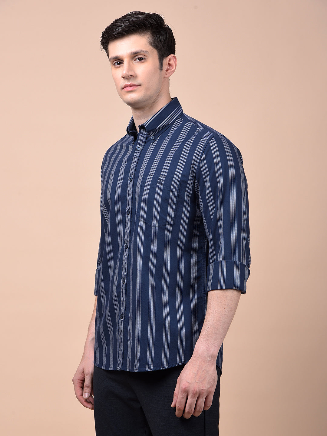 Navy Blue Vertical Stripes Button-Down Collar 100% Cotton Shirt