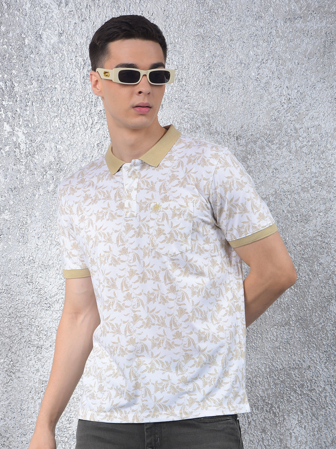 Olive Floral Print Polo-Neck T-Shirt
