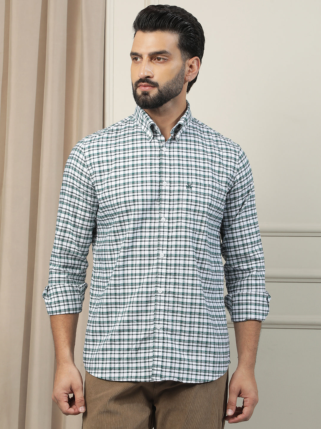 100% Cotton Green Checked Button Down Collar Shirt
