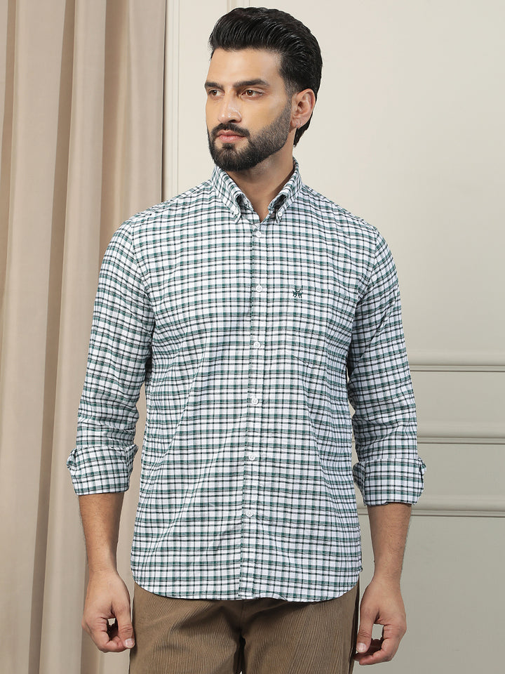 100% Cotton Green Checked Button Down Collar Shirt