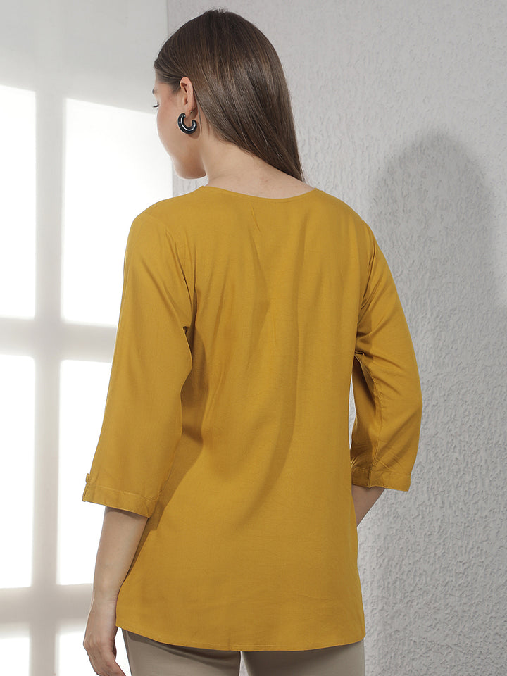 Mustard Embroidered V-Neck Top