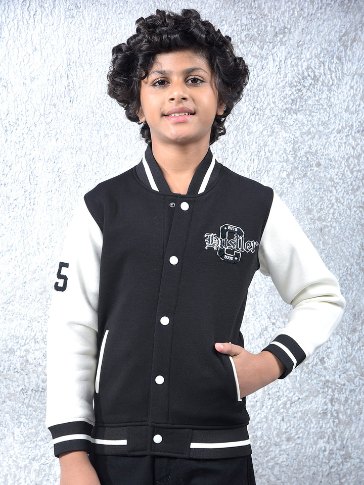Black Color-Block Varsity Jacket
