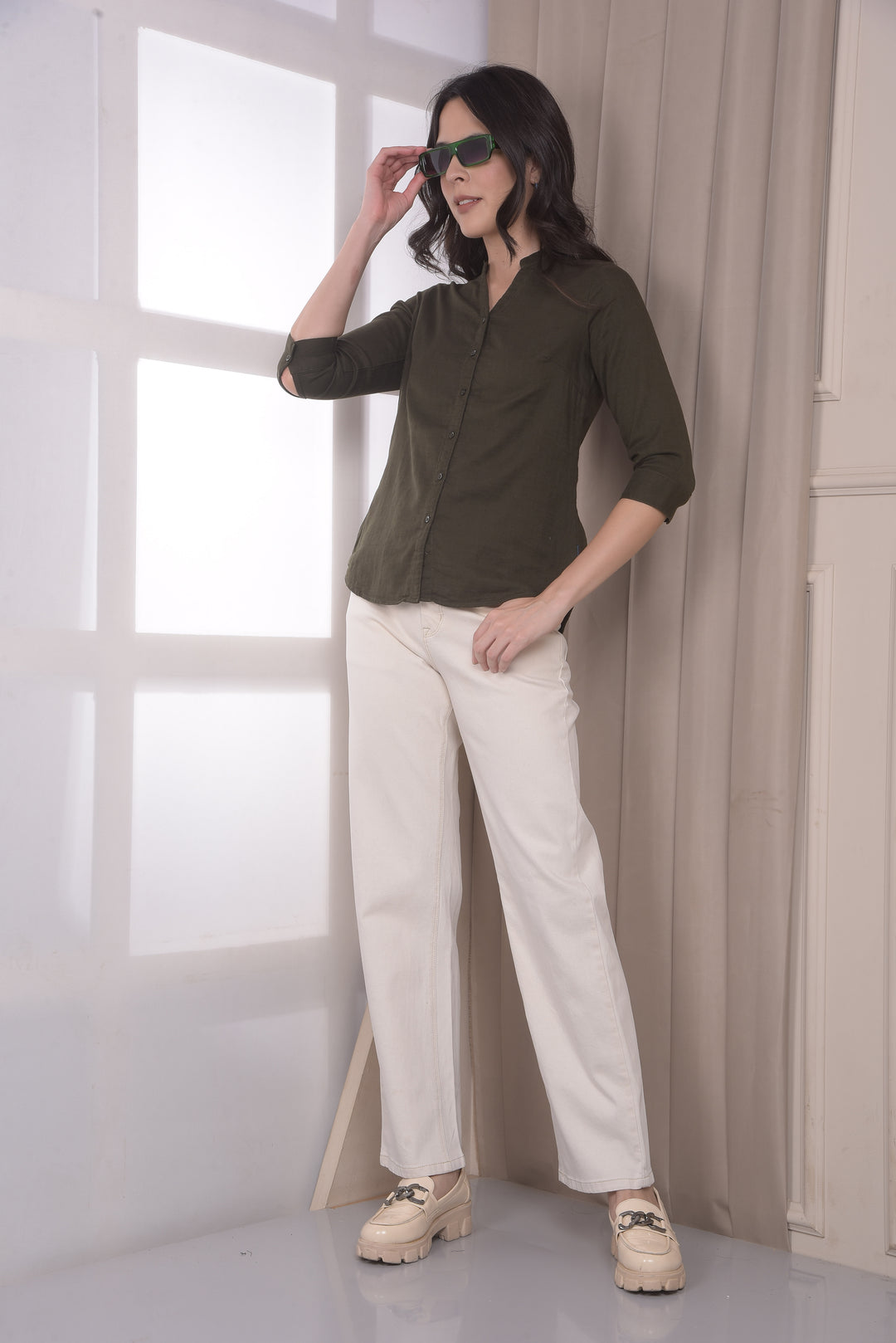 Olive V-Neck 100% Cotton Shirt
