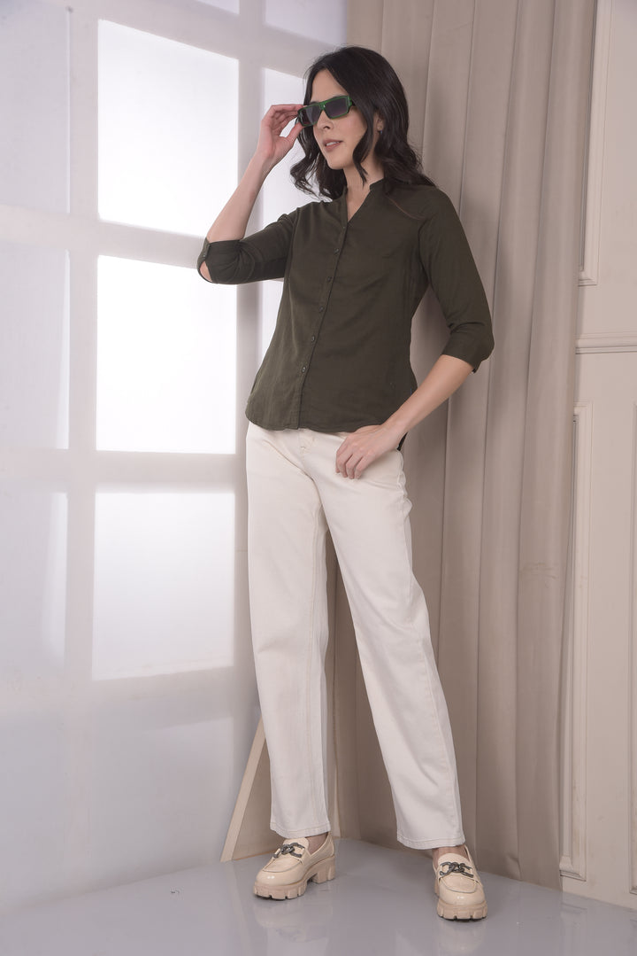 Olive V-Neck 100% Cotton Shirt