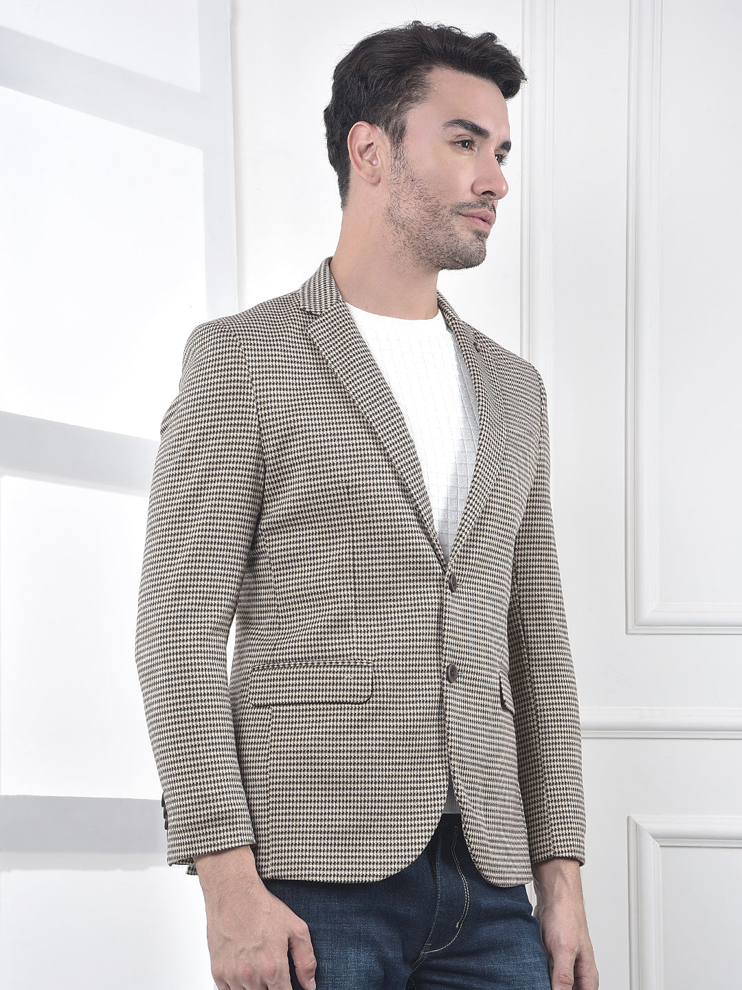 Brown Jacquard Single-Breasted Blazer