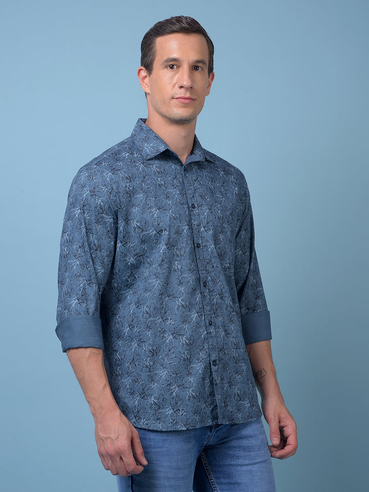 Blue Floral Print 100% Cotton Shirt