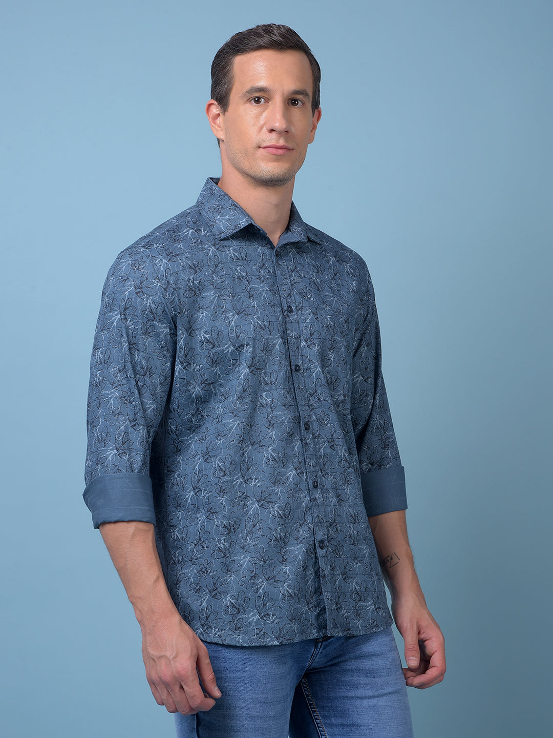 Blue Floral Print 100% Cotton Shirt