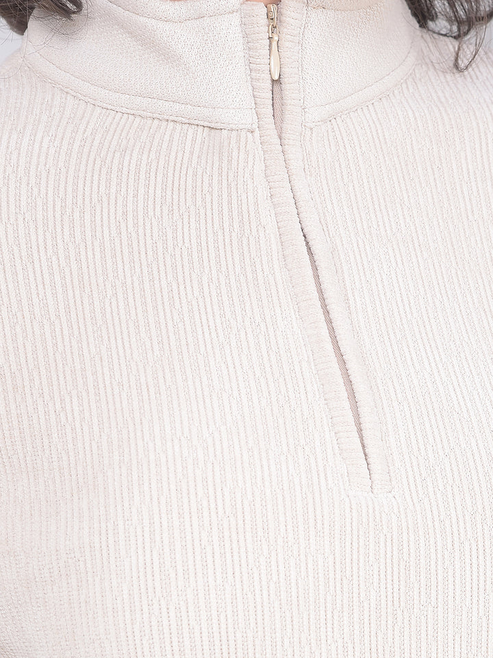 Soft Ivory Ribbed Zip-Neck Crop Top