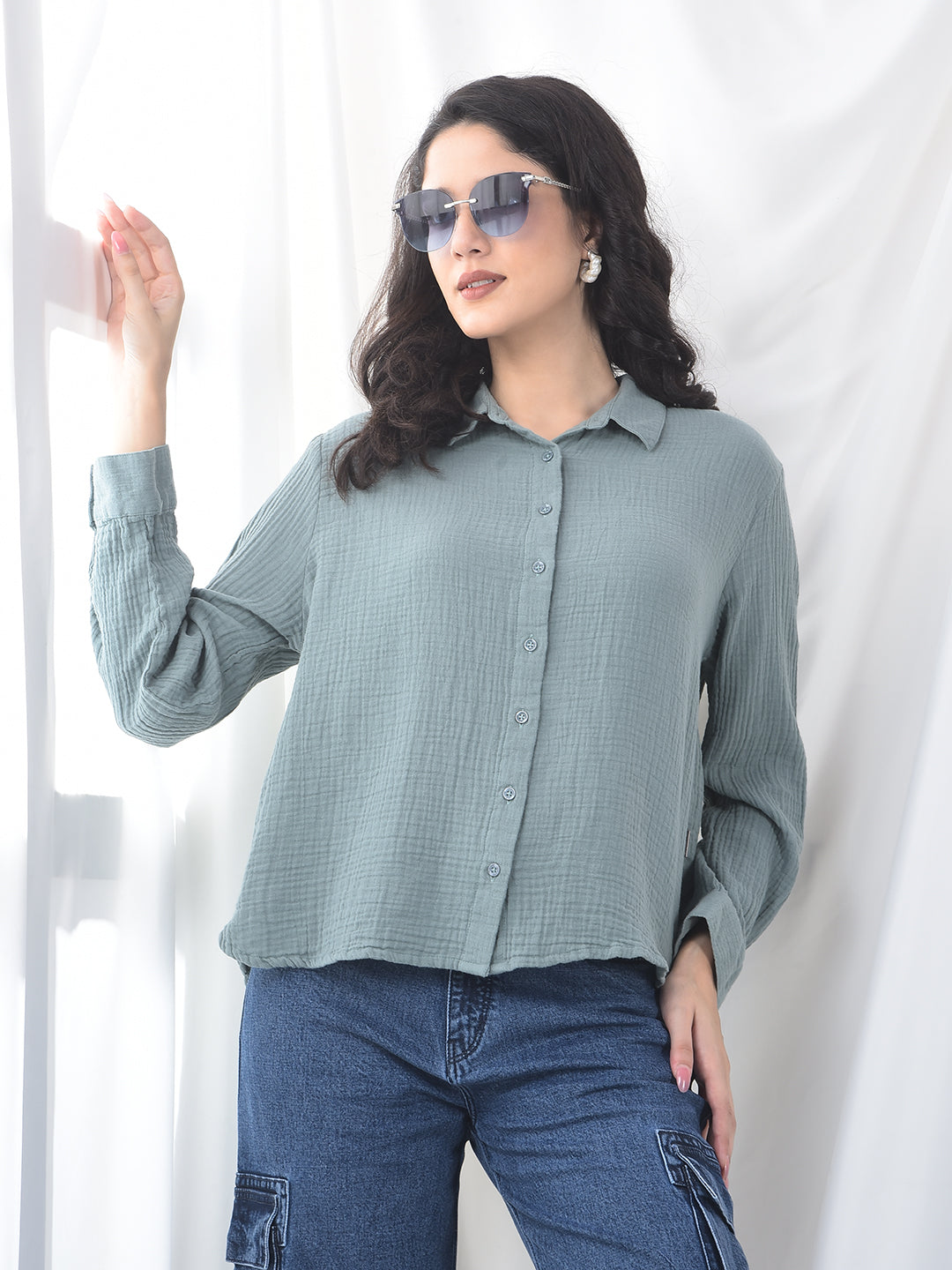 Sage Green Crinkled Textured Slim Fit Shirt