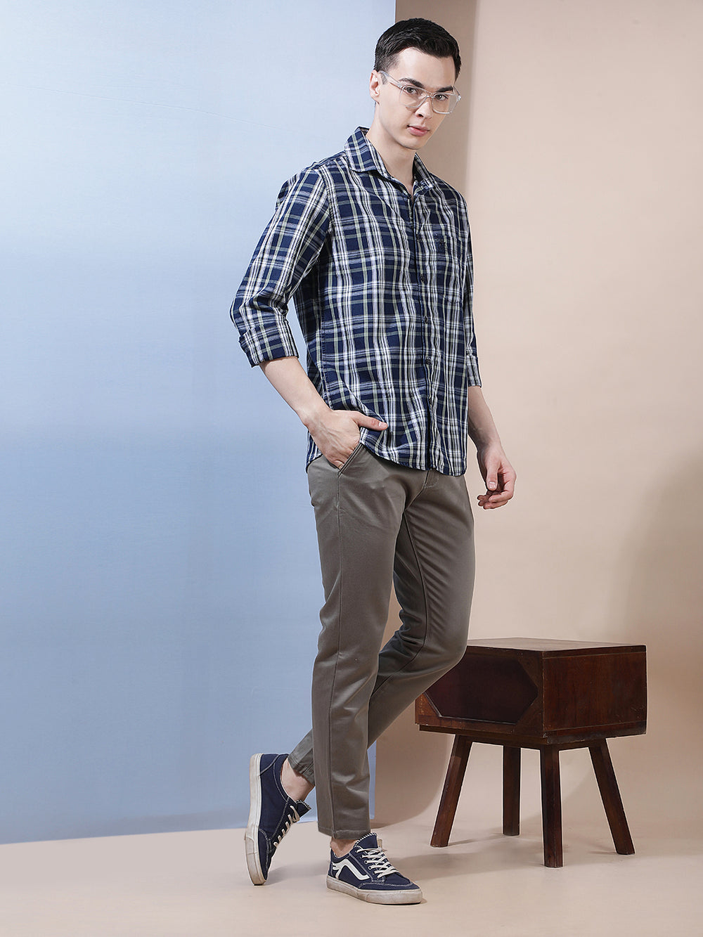 Navy Blue 100% Cotton Checked Shirt