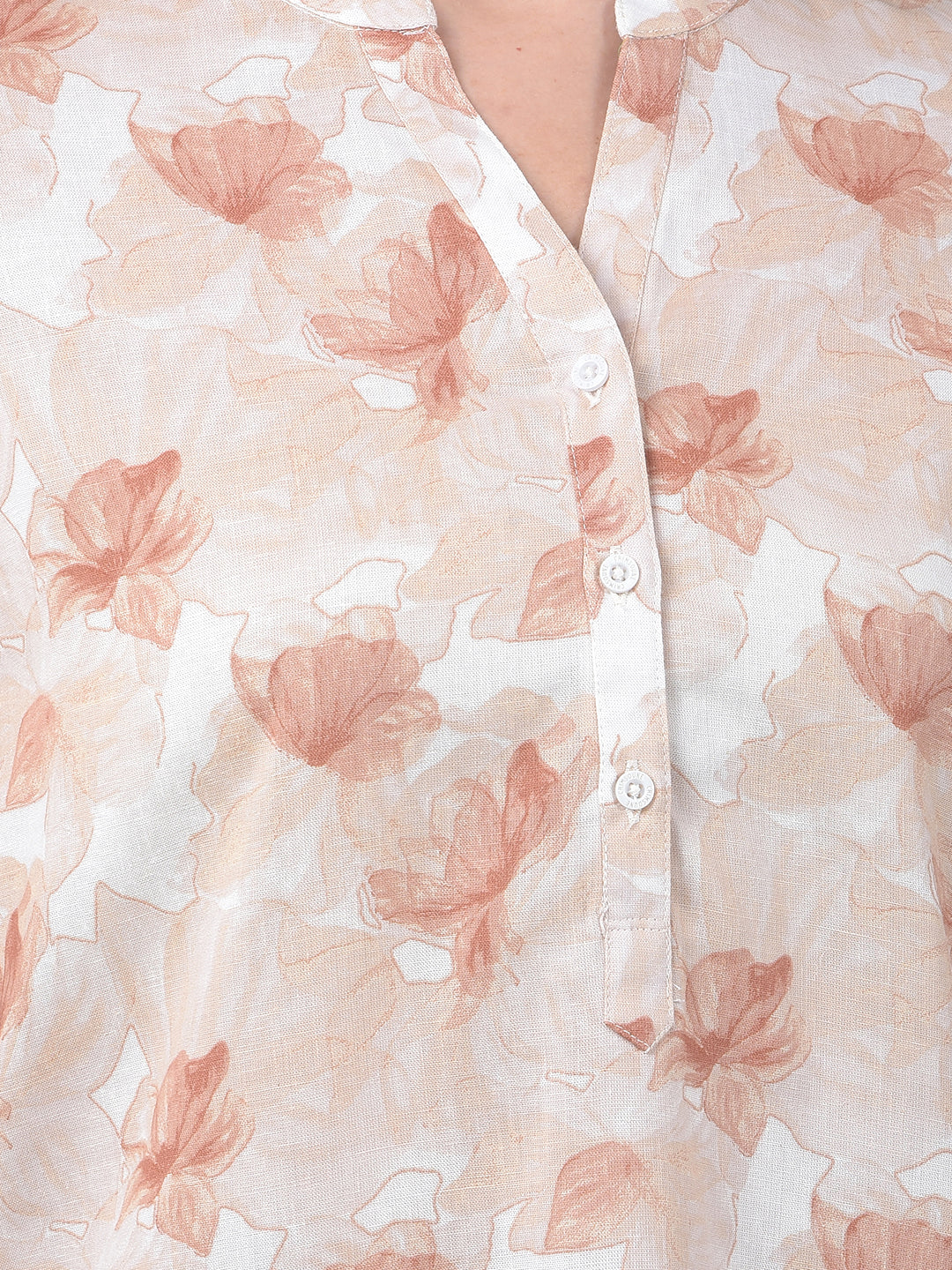 Beige Floral Printed Tunic Linen Top