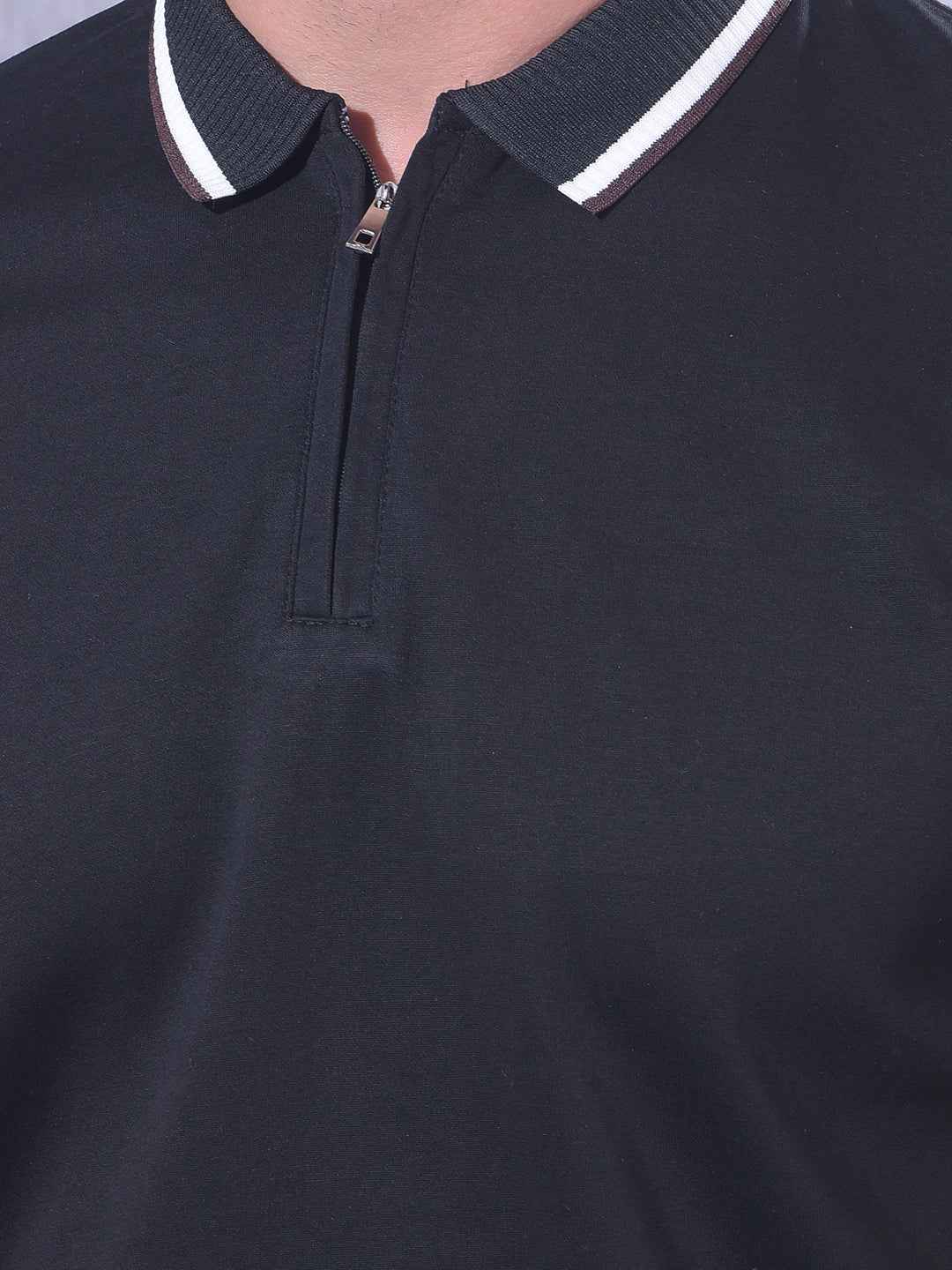 Sharp Black Pique Zipper Polo T-Shirt