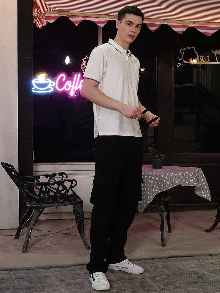 White Jacquard Polo Neck T-Shirt
