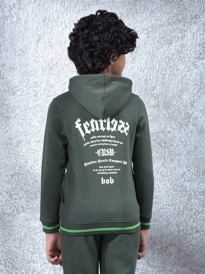 Olive Typographic Print Hooded Neck Sweatshirt