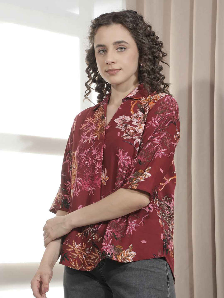 Hot Red Floral Print Top