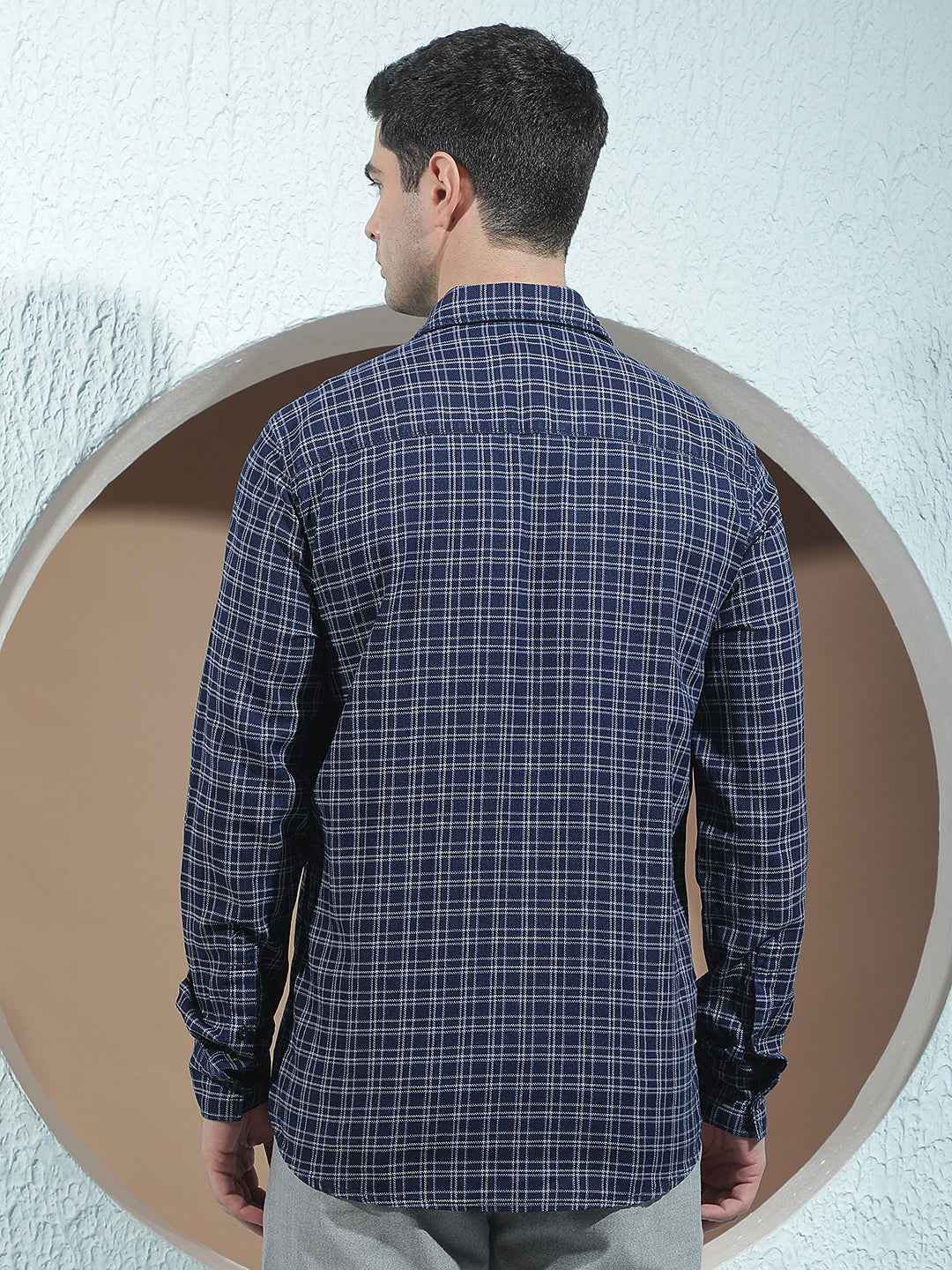 Navy Blue 100% Cotton Checked Shirt