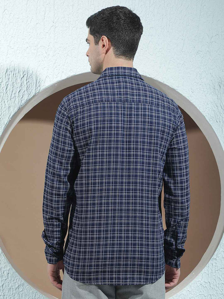 Navy Blue 100% Cotton Checked Shirt