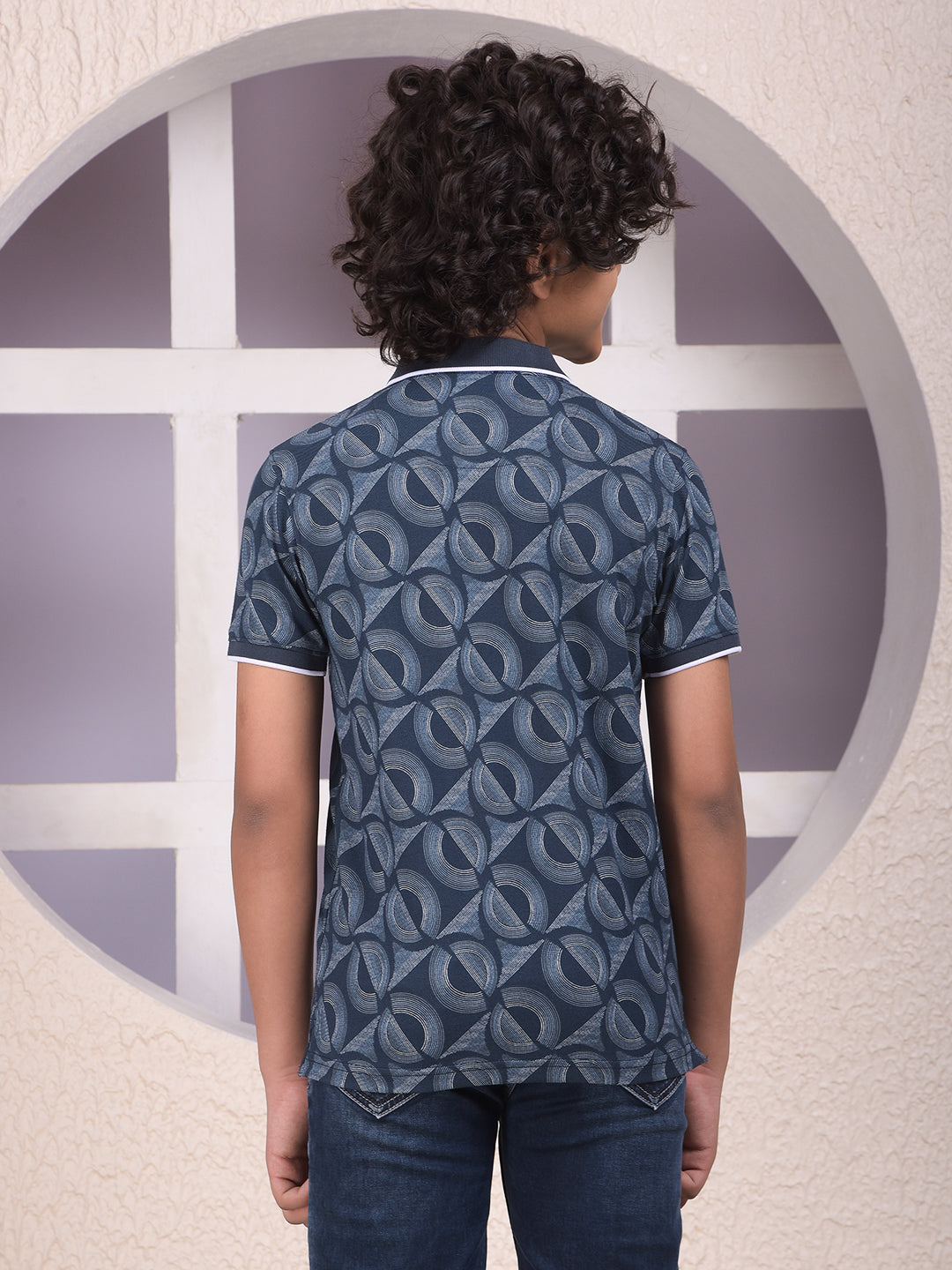 Navy Blue Printed Polo Neck T-Shirt