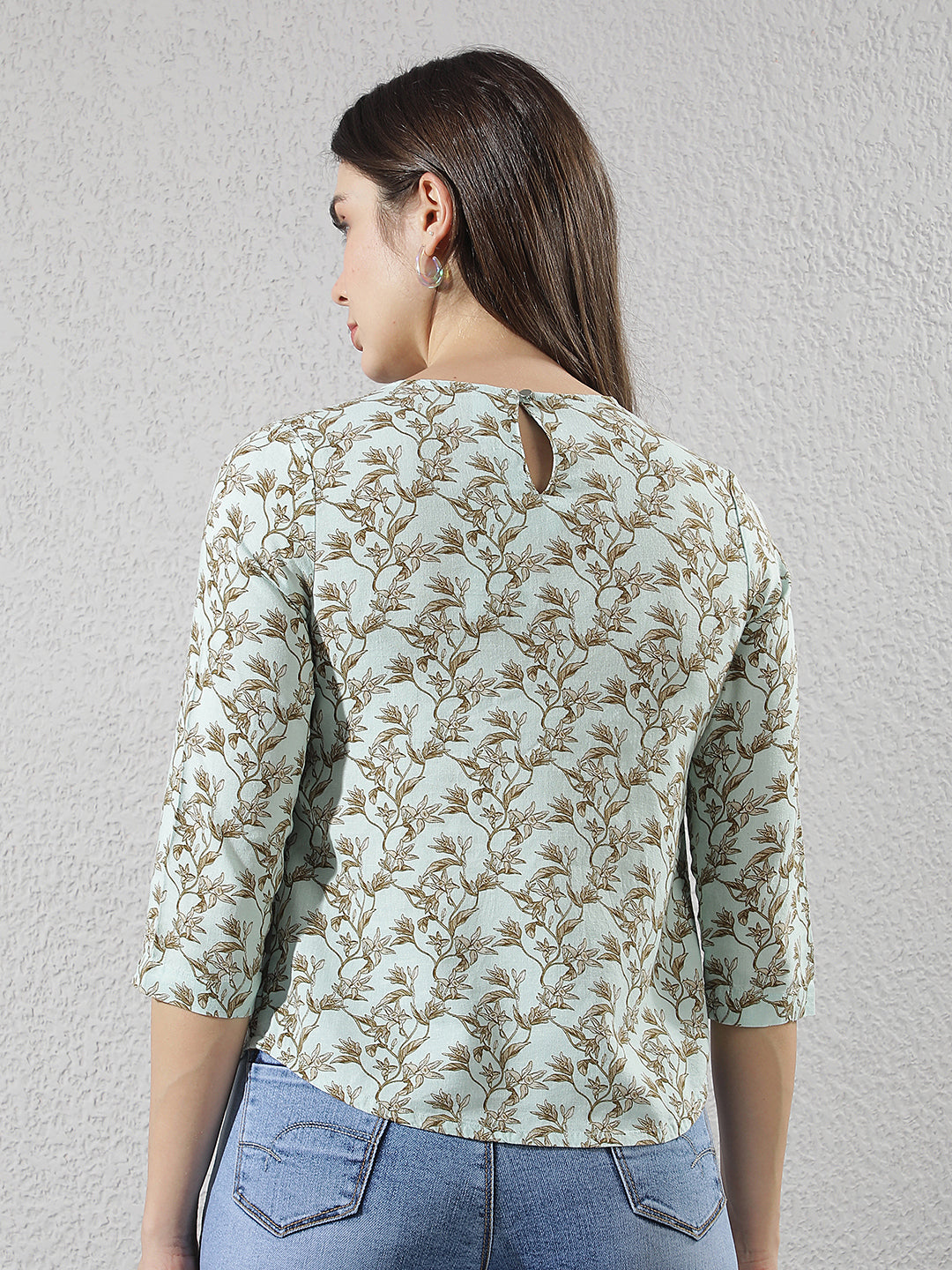 Green Linen Round Neck Floral Printed Top