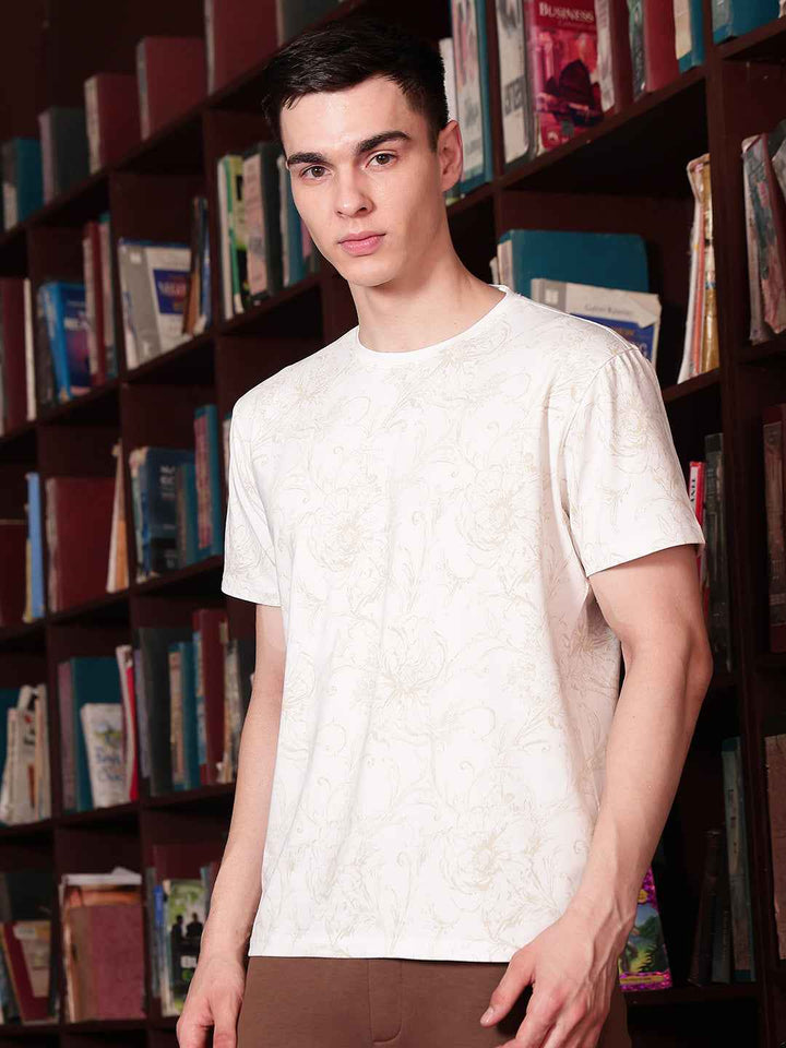 White Round Neck Floral Printed T-Shirt