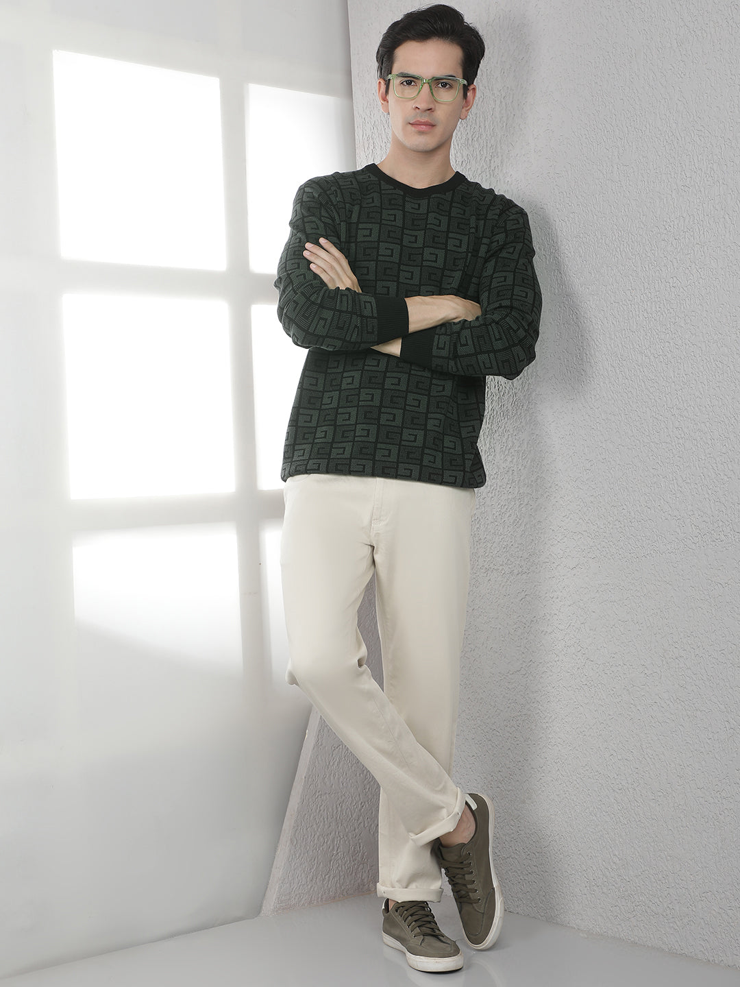 Green 100% Cotton Jacquard Round Neck Sweater
