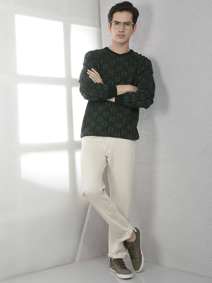 Green 100% Cotton Jacquard Round Neck Sweater