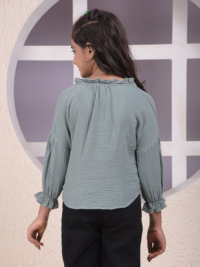 Green Textured V-Neck Top