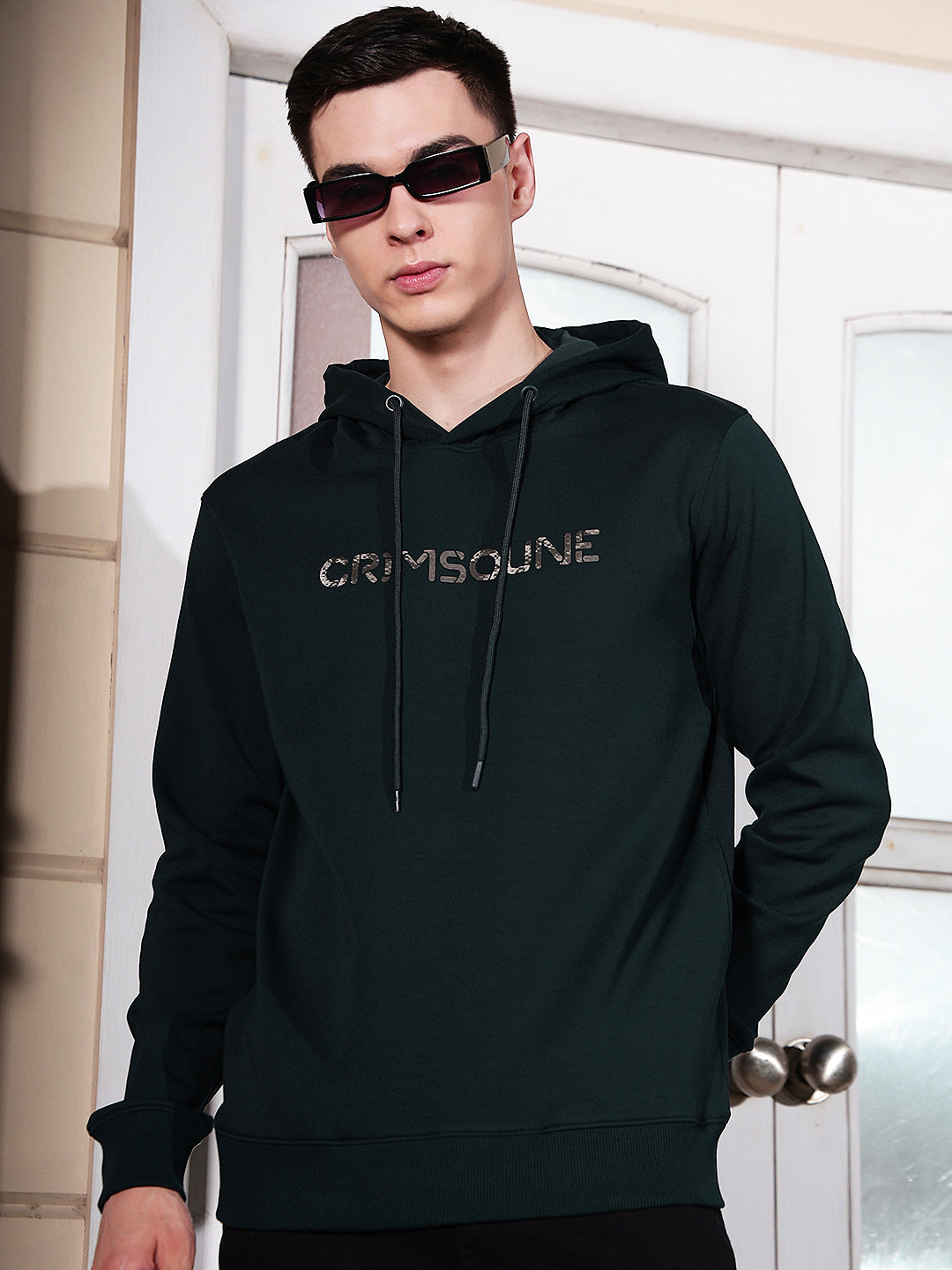 Green Typographic Printed Hooded Sweatshirt