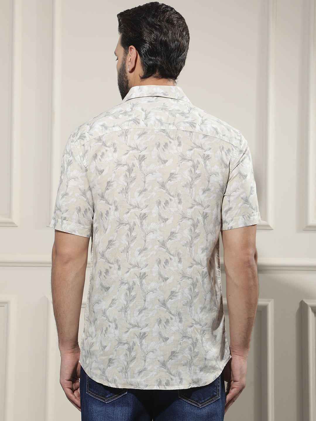Grey Floral Print Linen Shirt