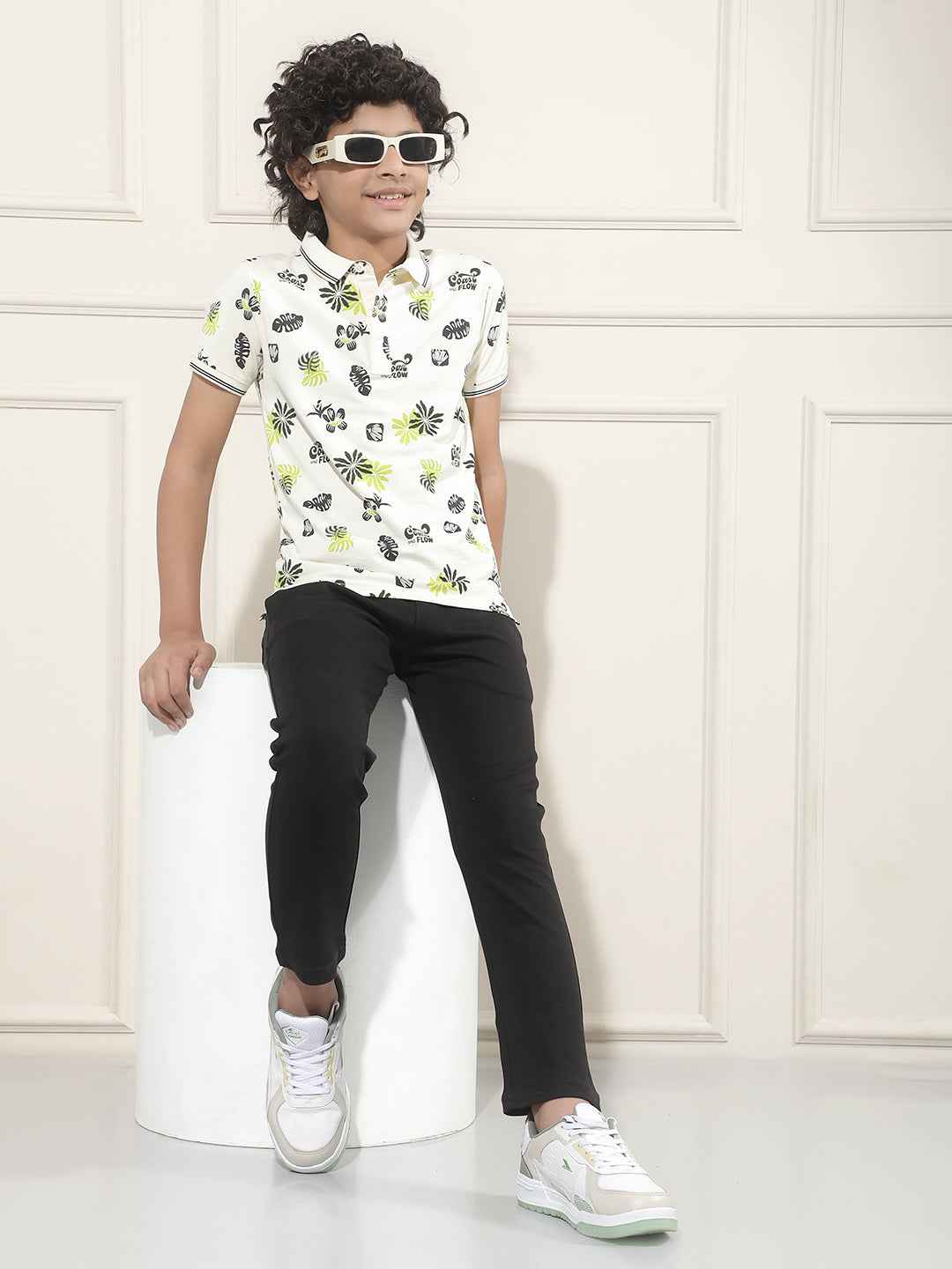 Tropical Print Cream Polo T-Shirt
