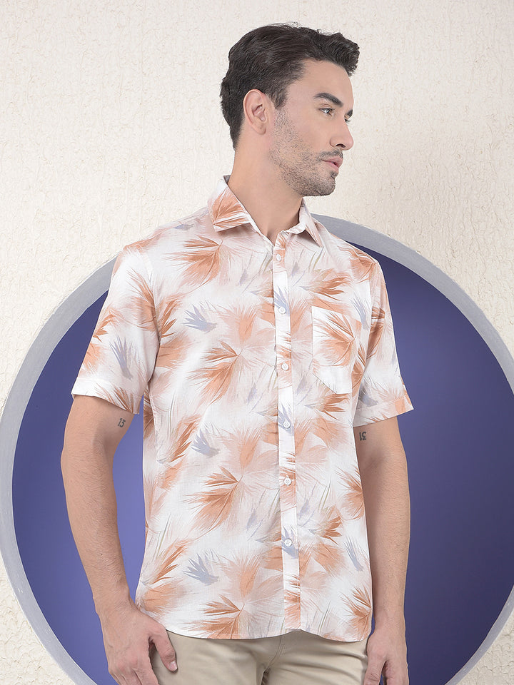 Beige Floral Print Linen Shirt