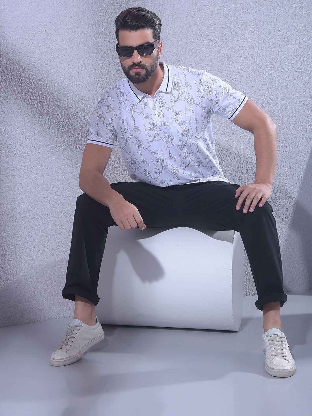 White Floral Print Polo Neck T-Shirt