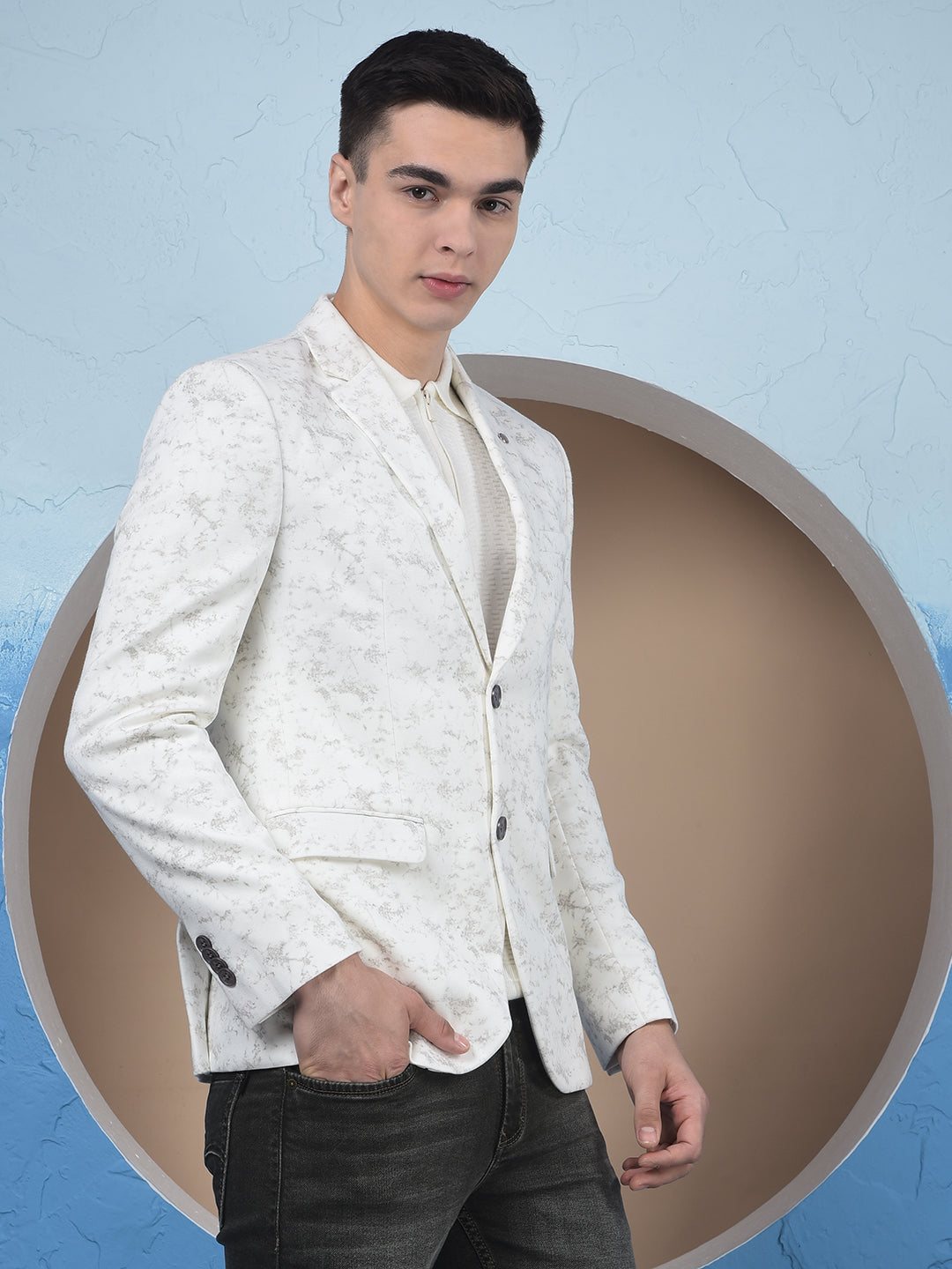 Off White Printed Notched Lapel Single-Breasted Blazer