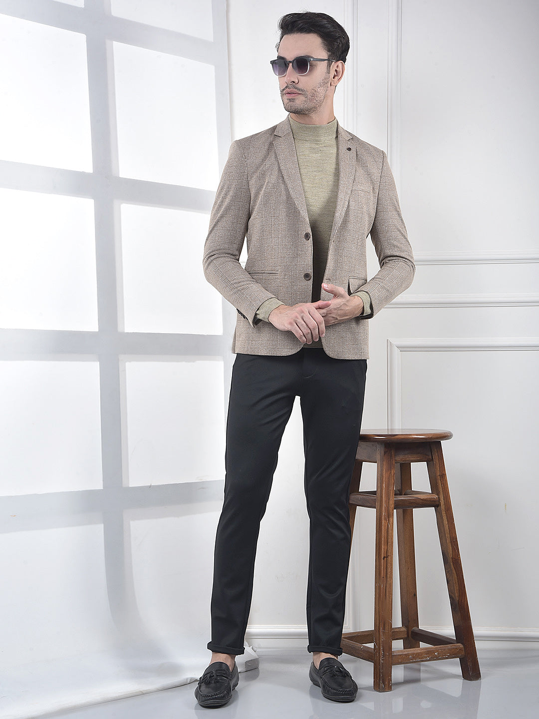 Brown Micro-Check Single-Breasted Blazer