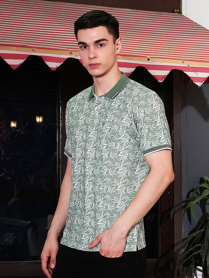Green Botanical Print Polo Neck T-Shirt