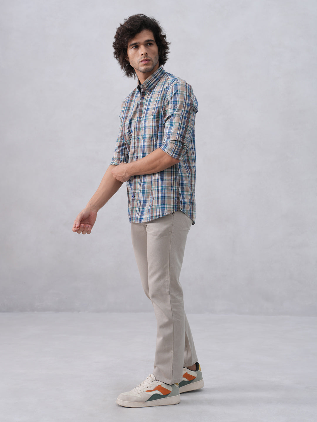 Brown Checked 100% Cotton Button-Down Collar Shirt