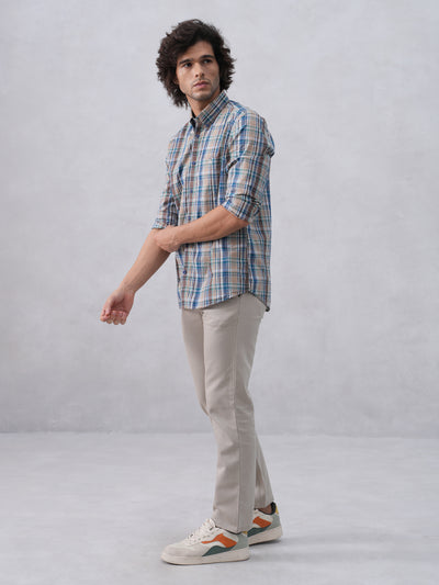 Brown Checked 100% Cotton Button-Down Collar Shirt