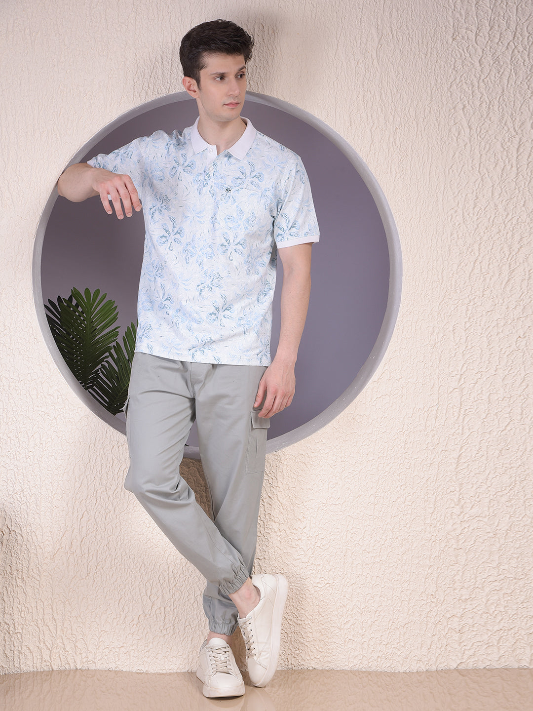 Blue Floral Print Polo-Neck T-Shirt