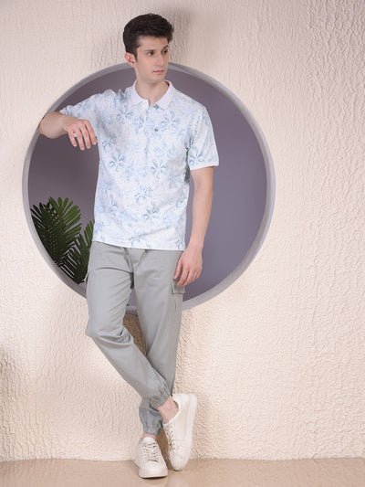 Blue Floral Print Polo-Neck T-Shirt