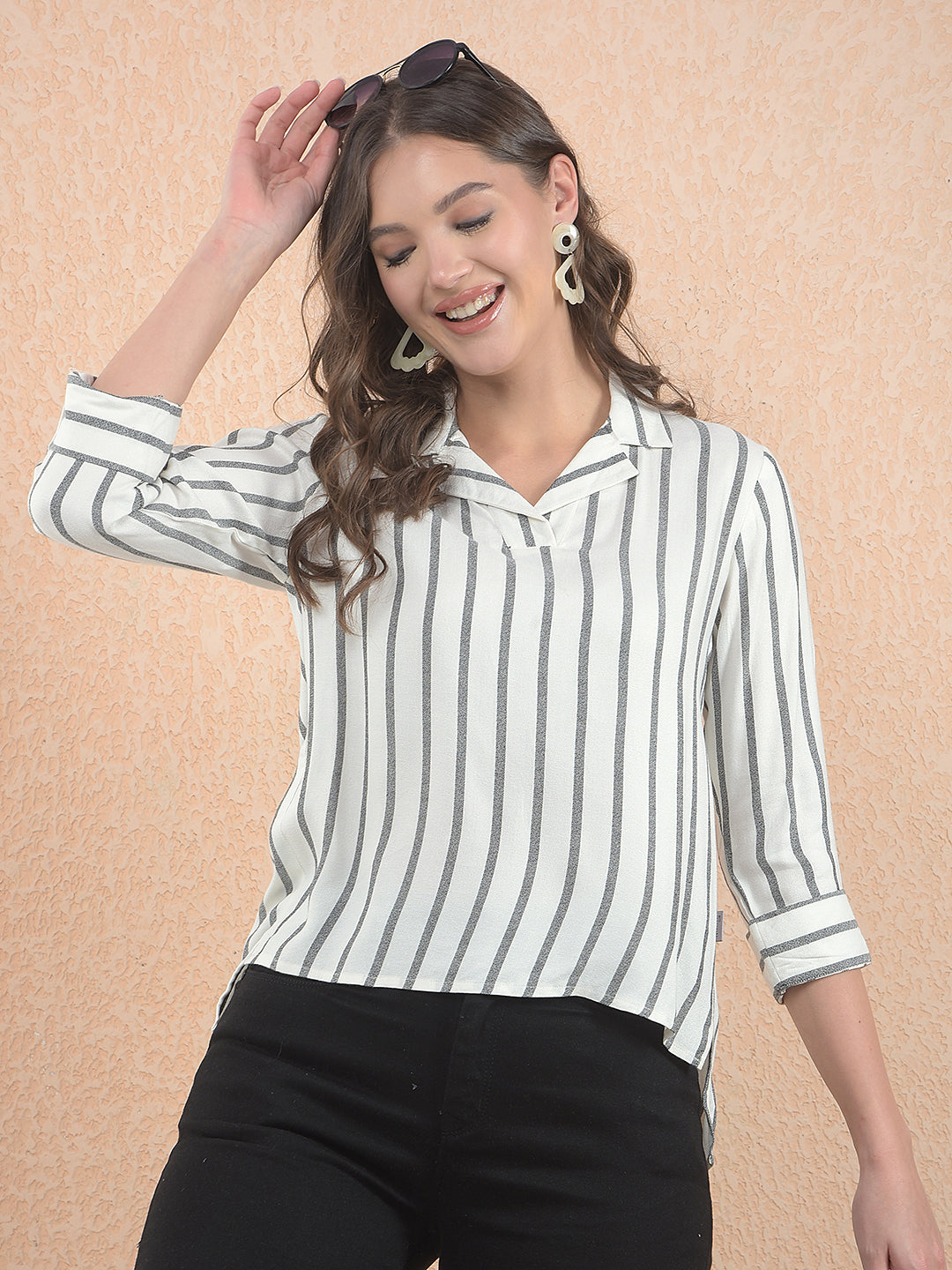 White Vertical Stripes Resort-Collar Top