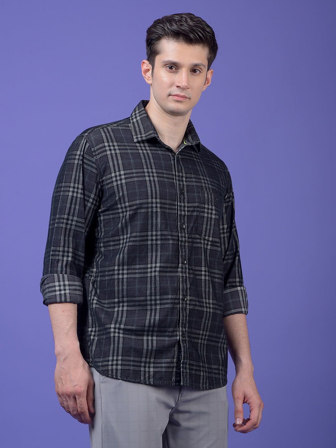 Black Checked 100% Cotton Corduroy Shirt