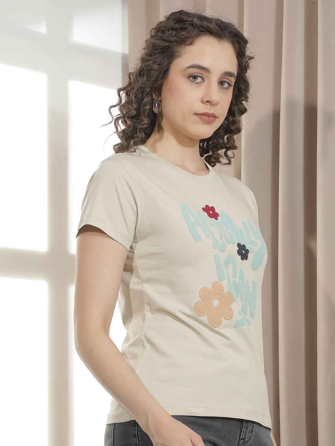 Beige Typographic Embroidery T-Shirt