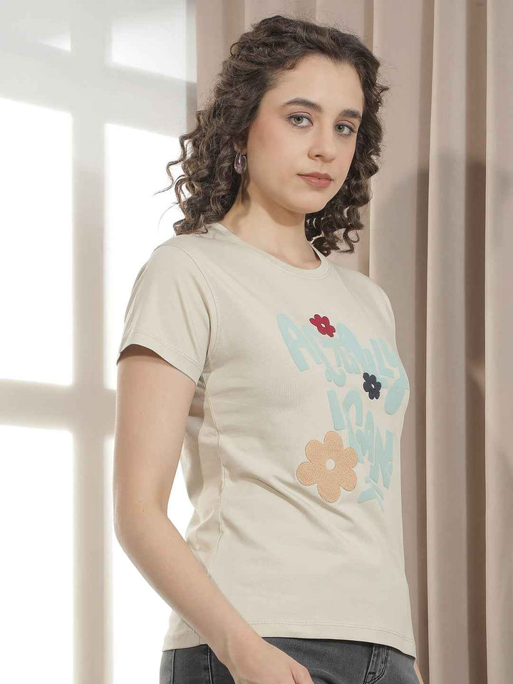 Beige Typographic Embroidery T-Shirt