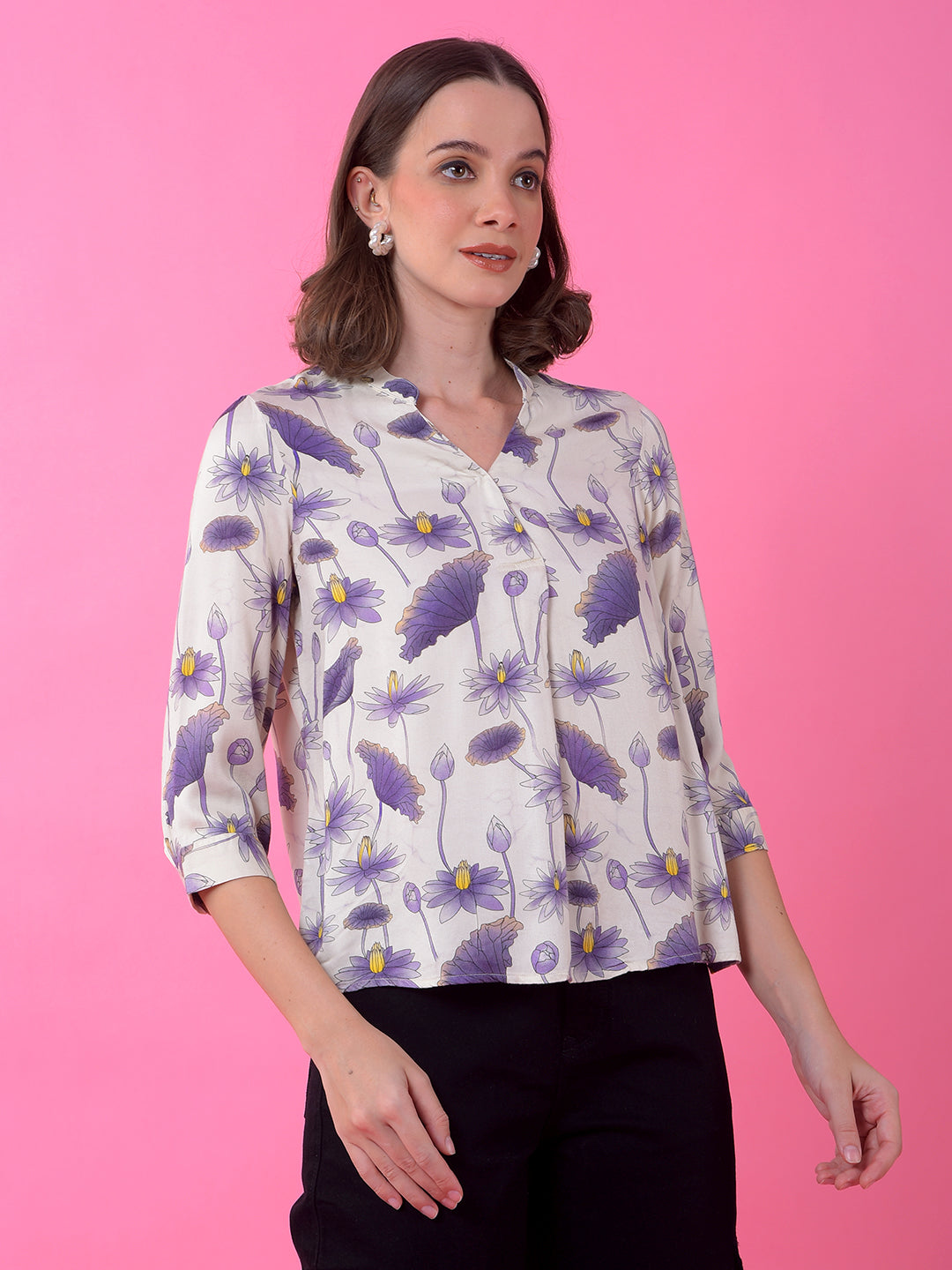Blue Floral Print V-Neck Top
