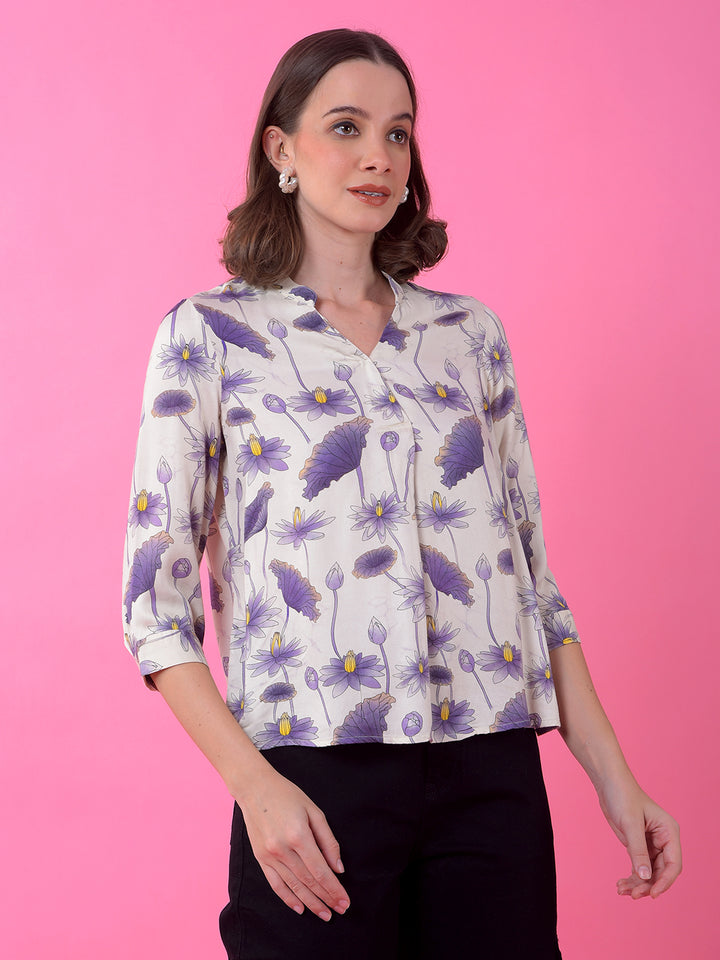 Blue Floral Print V-Neck Top