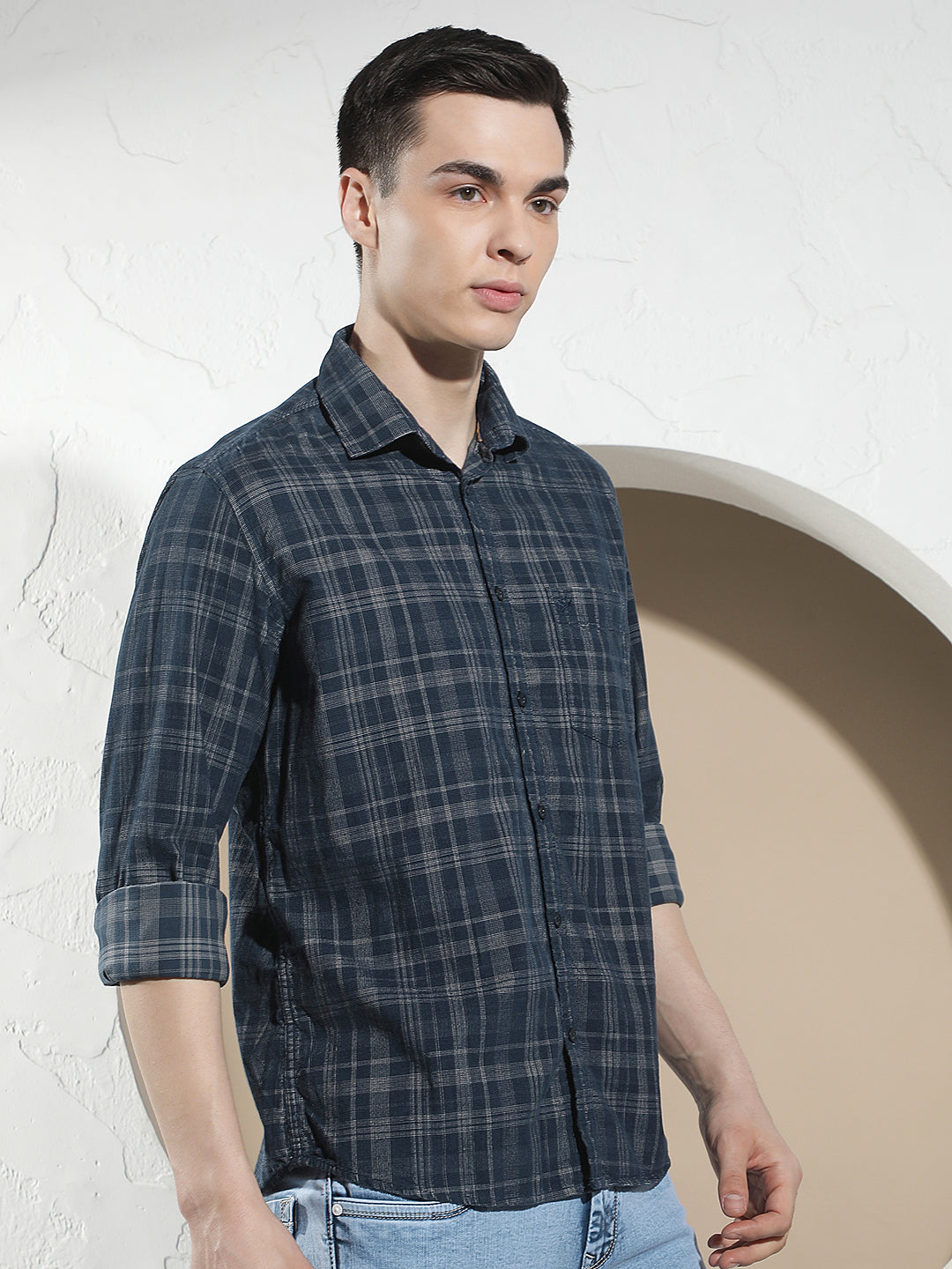 Blue Checked 100% Cotton Corduroy Shirt