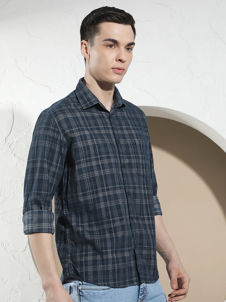 Blue Checked 100% Cotton Corduroy Shirt